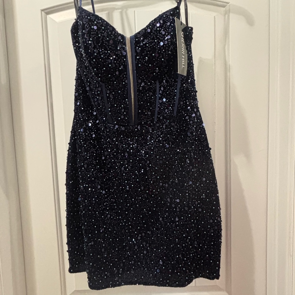 Sherri Hill Navy Sequin Spaghetti Strap Prom Dress